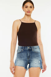 Kancan High Waist Raw Hem Denim Shorts Dark OutfitFlow